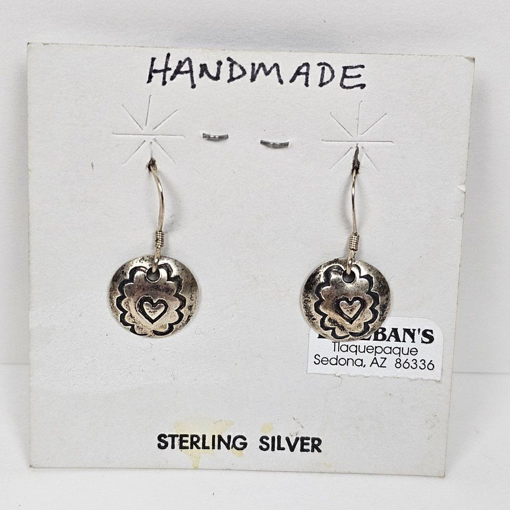 Sterling Silver 925 Round Circle Heart Scroll Etched Southwest Handmade Earrings